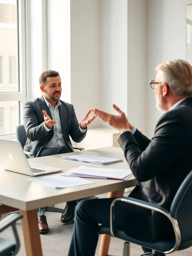 A coach conducting a one-on-one session with a business owner, discussing personal development and work-life balance strategies.