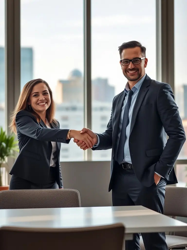 Two business partners shaking hands in front of a London skyline, symbolizing a successful synergistic partnership.