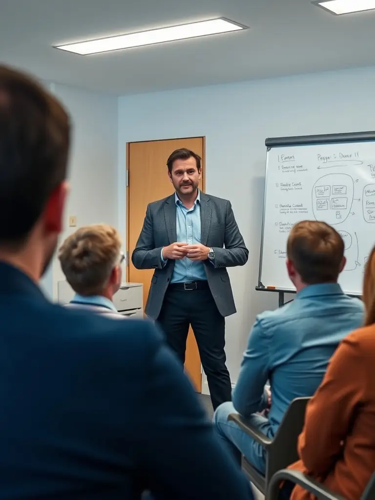 A leader facilitating a workshop, guiding a team through a synergy-focused exercise.