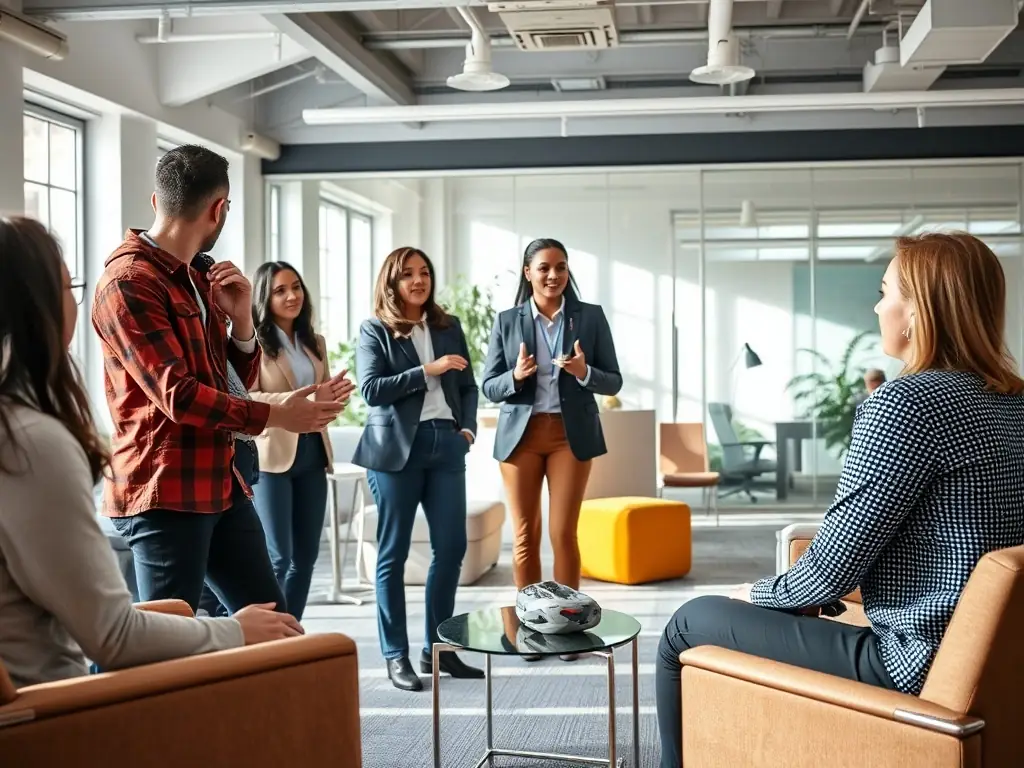 An image of a diverse group of UK business professionals participating in a SynergyUKUno coaching session, set in a modern office environment with London skyline visible through the window.
